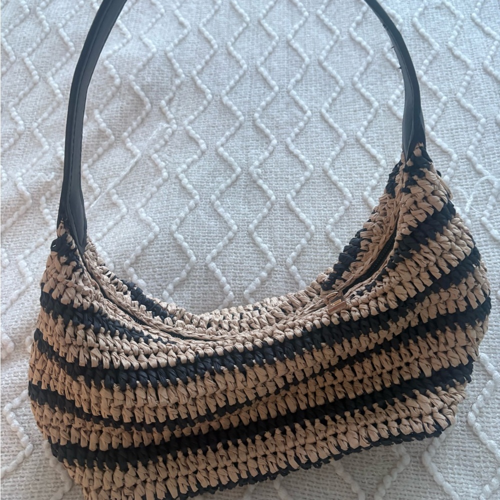 Woven Straw Shoulder Bag in Natural and Black